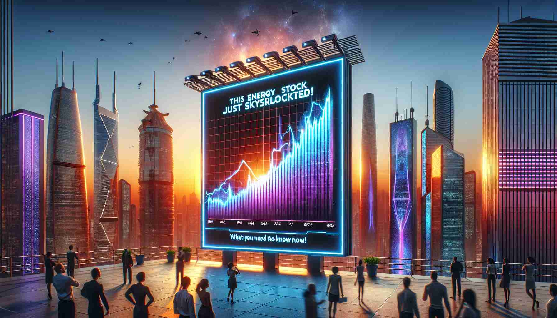 A High Definition photo depicting a futuristic city skyline at sundown with skyscrapers painted in the hues of the setting sun. In the foreground, a cleverly designed billboard is made to look like a stock graph, indicating a sudden steep upward trend. The graph line is illuminated and stands out against the surrounding structures. In bold, eye-catching letters, the billboard displays the text 'This Energy Stock Just Skyrocketed! What You Need to Know Now'. People of various descent and genders look up at the billboard, representing the diverse shareholders globally.