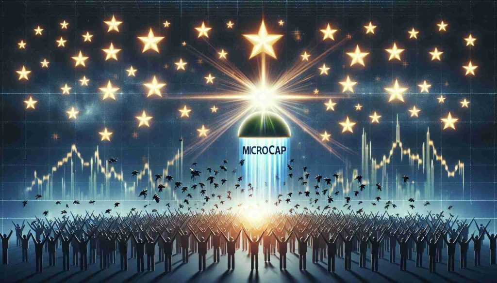 A high definition, realistic image depicting a metaphorical scene of 'The Microcap Marvel'. It shows a small stock market icon, radiating strong light and surrounded by stylized stars, indicating its upward trajectory and rise. The backdrop is filled with excited silhouetted figures representing investors who are buzzing around it like bees attracted to nectar.