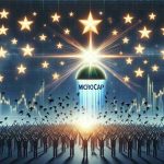 A high definition, realistic image depicting a metaphorical scene of 'The Microcap Marvel'. It shows a small stock market icon, radiating strong light and surrounded by stylized stars, indicating its upward trajectory and rise. The backdrop is filled with excited silhouetted figures representing investors who are buzzing around it like bees attracted to nectar.