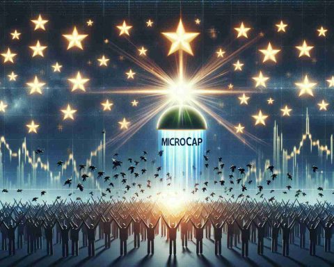 A high definition, realistic image depicting a metaphorical scene of 'The Microcap Marvel'. It shows a small stock market icon, radiating strong light and surrounded by stylized stars, indicating its upward trajectory and rise. The backdrop is filled with excited silhouetted figures representing investors who are buzzing around it like bees attracted to nectar.