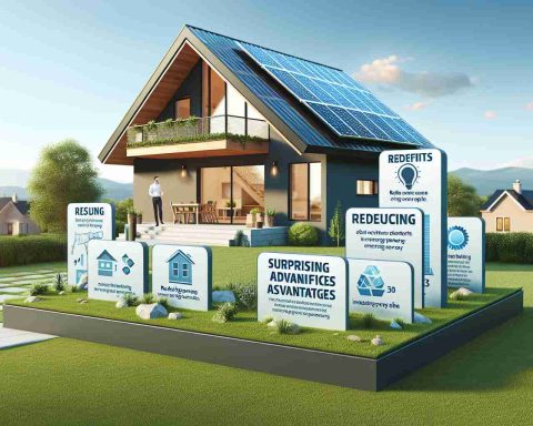 Create a realistic high-definition image that displays the surprising advantages of using solar power for a home. The scene should include a modern suburban house equipped with solar panels on the roof. On the lawn, place an illustrative infographic with clear and simple bullet points showing the key benefits of solar power such as reducing energy costs, reducing carbon footprint, and increasing property value. Make sure to have a clear sky in the background to signify a sunny day, which is essential for solar power generation.