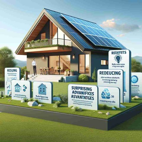 Create a realistic high-definition image that displays the surprising advantages of using solar power for a home. The scene should include a modern suburban house equipped with solar panels on the roof. On the lawn, place an illustrative infographic with clear and simple bullet points showing the key benefits of solar power such as reducing energy costs, reducing carbon footprint, and increasing property value. Make sure to have a clear sky in the background to signify a sunny day, which is essential for solar power generation.