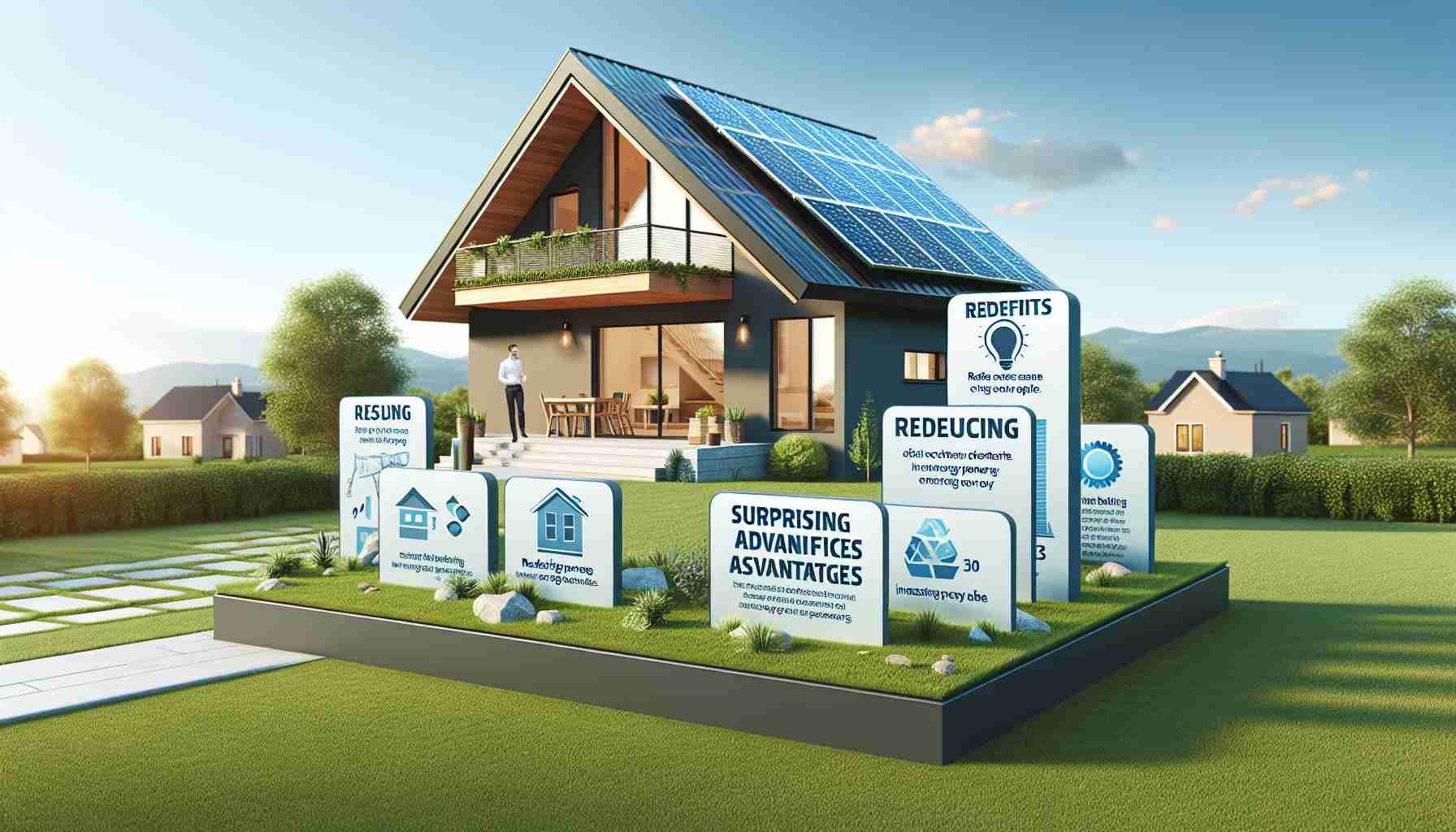 Create a realistic high-definition image that displays the surprising advantages of using solar power for a home. The scene should include a modern suburban house equipped with solar panels on the roof. On the lawn, place an illustrative infographic with clear and simple bullet points showing the key benefits of solar power such as reducing energy costs, reducing carbon footprint, and increasing property value. Make sure to have a clear sky in the background to signify a sunny day, which is essential for solar power generation.