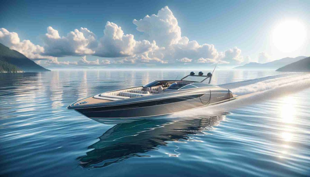 Render a realistic HD image of a luxury electric boat, that signifies a revolution in water recreational activities. The boat should be of sleek modern design, gleaming with latest technology. It should be floating serenely on calm waters, under a brilliant blue sky. Eco-friendliness should be emphasized with its electric energy source. The scene should convey the high-end luxury and comfort it provides, redefining the future of water recreation.