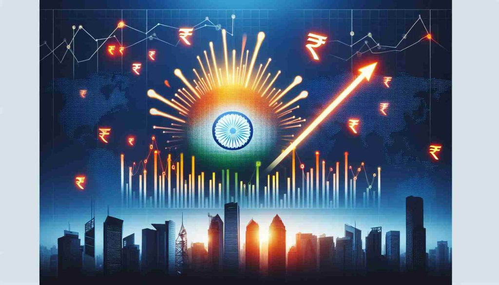 Generate a realistic, high-definition image that symbolizes the element of surprise in the Indian stock market. The image could include symbols of finance like graphs and charts showing an unexpected performance surge. There should be noticeable elements associated with India such as the Indian Rupee symbol or silhouettes of identifiable city skylines in the background to signify the stock market's geographical location.