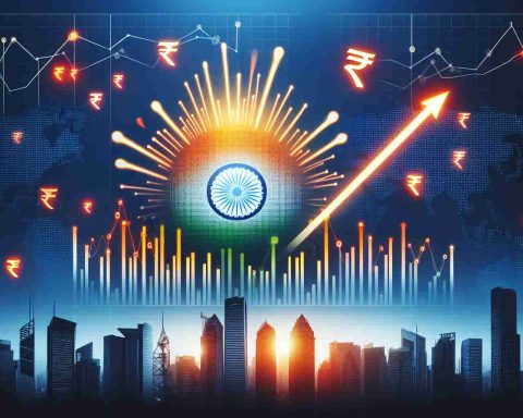 Generate a realistic, high-definition image that symbolizes the element of surprise in the Indian stock market. The image could include symbols of finance like graphs and charts showing an unexpected performance surge. There should be noticeable elements associated with India such as the Indian Rupee symbol or silhouettes of identifiable city skylines in the background to signify the stock market's geographical location.