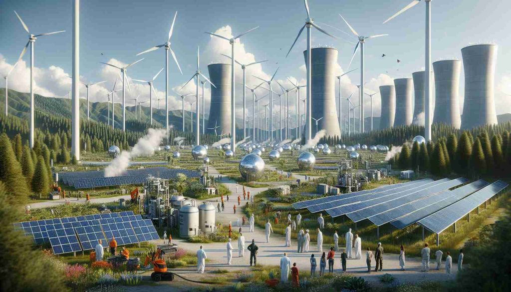 High-definition, hyperrealistic depiction of futuristic infrastructure in 2025. The scene features wind turbines, solar panels, and hydrogen power plants, showcasing the commitment to renewable energy. The environment stands lush and restored with clear skies and a thriving biodiversity. In the foreground, diverse group of people of various gender and descents, who could be workers and scientists, seen engaged in maintaining and managing the green energy infrastructure.