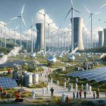 High-definition, hyperrealistic depiction of futuristic infrastructure in 2025. The scene features wind turbines, solar panels, and hydrogen power plants, showcasing the commitment to renewable energy. The environment stands lush and restored with clear skies and a thriving biodiversity. In the foreground, diverse group of people of various gender and descents, who could be workers and scientists, seen engaged in maintaining and managing the green energy infrastructure.