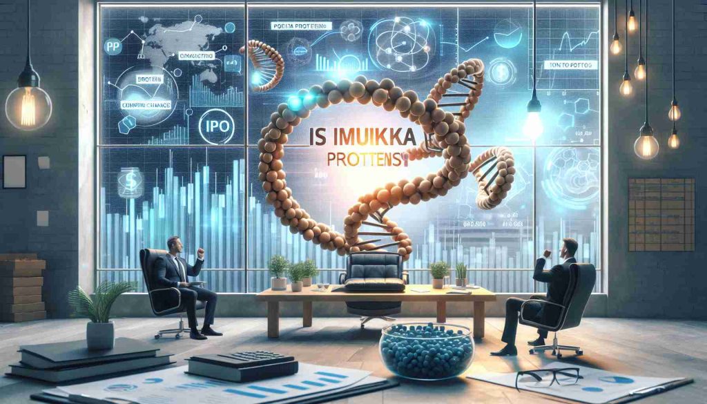 Generate a realistic HD image showcasing a fictional protein company named 'Is Mukka Proteins', poised to make significant changes in the market with its upcoming Initial Public Offering (IPO). The scene should include a positive, anticipatory ambiance and conceptual elements related to finance and biotechnology.