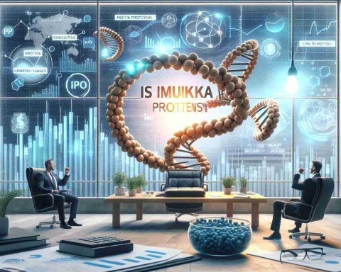 Generate a realistic HD image showcasing a fictional protein company named 'Is Mukka Proteins', poised to make significant changes in the market with its upcoming Initial Public Offering (IPO). The scene should include a positive, anticipatory ambiance and conceptual elements related to finance and biotechnology.