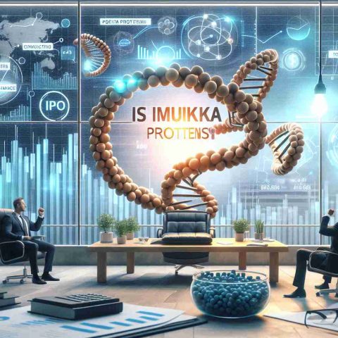 Generate a realistic HD image showcasing a fictional protein company named 'Is Mukka Proteins', poised to make significant changes in the market with its upcoming Initial Public Offering (IPO). The scene should include a positive, anticipatory ambiance and conceptual elements related to finance and biotechnology.