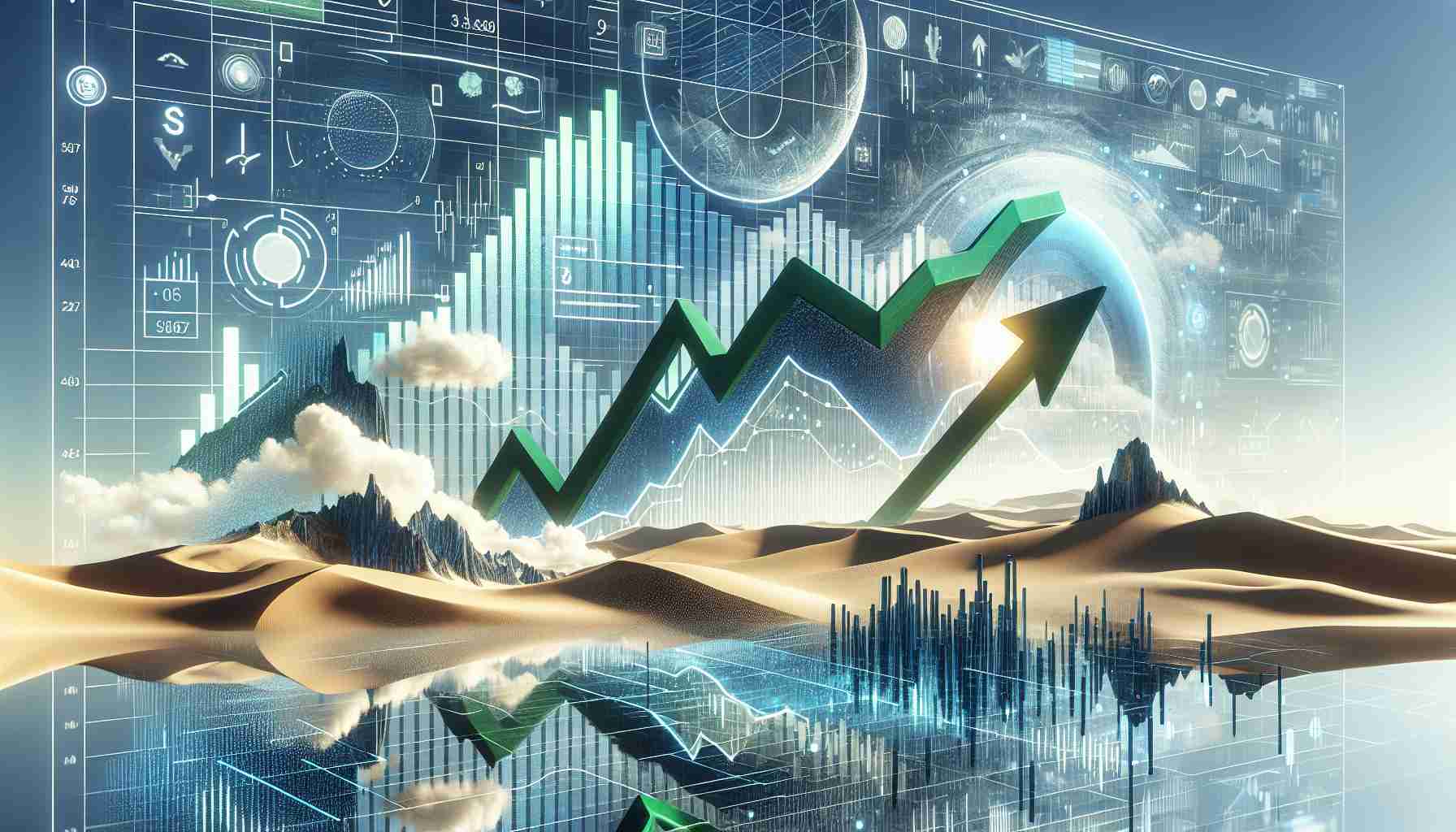 Generate a high-definition, photorealistic image of a technology stocks-related scene. Display a mix of visuals that represent an upsurge in tech stocks - perhaps a rising line on a financial graph or stock market board with green upward arrows. Incorporate elements of uncertainty or illusion, like a mirage in a desert, to symbolize the question of sustainability of this surge. The color palette should primarily consist of blues, greens, and neutral tones to represent finance and the digital world.