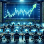 A detailed rendering of a room filled with excited investors busily monitoring stock prices on several large monitor screens. On one screen is an ascending graph representing the considerable surge in the stock market. Faces are filled with surprise and confidence as they watch their investments rise significantly in value. Blue and green colors dominate the scene to represent stability and growth.