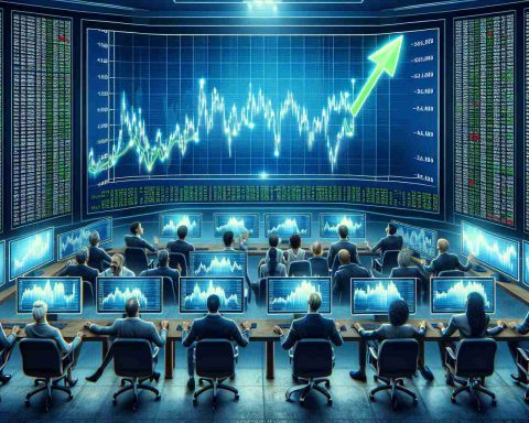 A detailed rendering of a room filled with excited investors busily monitoring stock prices on several large monitor screens. On one screen is an ascending graph representing the considerable surge in the stock market. Faces are filled with surprise and confidence as they watch their investments rise significantly in value. Blue and green colors dominate the scene to represent stability and growth.