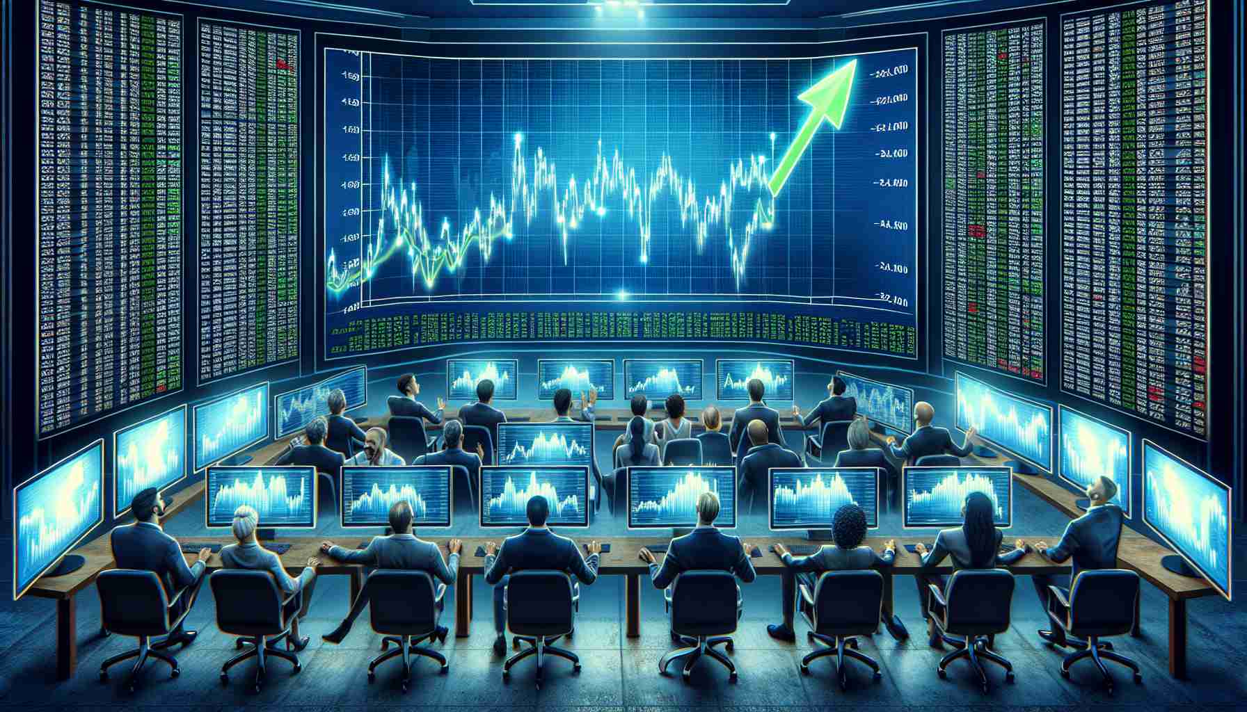 A detailed rendering of a room filled with excited investors busily monitoring stock prices on several large monitor screens. On one screen is an ascending graph representing the considerable surge in the stock market. Faces are filled with surprise and confidence as they watch their investments rise significantly in value. Blue and green colors dominate the scene to represent stability and growth.