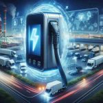 A highly detailed and realistic image highlighting revolutionary charging technology that is primed to effect significant transformations in the logistics industry. The central focal point should be a futuristic looking charging device, emitting a light to signify it is active. It should be connected to electric trucks or transportation vehicles, denoting the industry's shift towards sustainable solutions. In the background, incorporate a warehouse or logistics hub bustling with activity, to denote the industry context. Lastly, depict technological interfaces or displays showing efficiency indicators or logistics management software, emphasizing the tech-driven future of the sector.