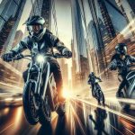 An ultra-high definition image showcasing the adventure of exploring the urban jungle through the lens of electric bike riders. Picture captures the essence of city life - soaring skyscrapers, labyrinthine streets full of rushing vehicles. Centered in the image are a Hispanic male and a Caucasian female riders, clad in modern, protective gear, straddling their electric bikes poised to whizz through. Dramatic reflections of the cityscape dance on their eyewear and bike's metallic surface. The vibrancy and pace of urban life in tandem with the thrill of two-wheeled explorations create a juxtaposition of man, machine, and metropolis.