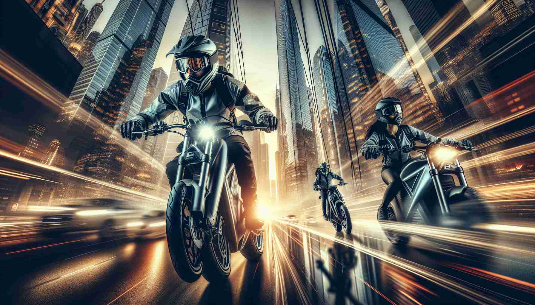 An ultra-high definition image showcasing the adventure of exploring the urban jungle through the lens of electric bike riders. Picture captures the essence of city life - soaring skyscrapers, labyrinthine streets full of rushing vehicles. Centered in the image are a Hispanic male and a Caucasian female riders, clad in modern, protective gear, straddling their electric bikes poised to whizz through. Dramatic reflections of the cityscape dance on their eyewear and bike's metallic surface. The vibrancy and pace of urban life in tandem with the thrill of two-wheeled explorations create a juxtaposition of man, machine, and metropolis.