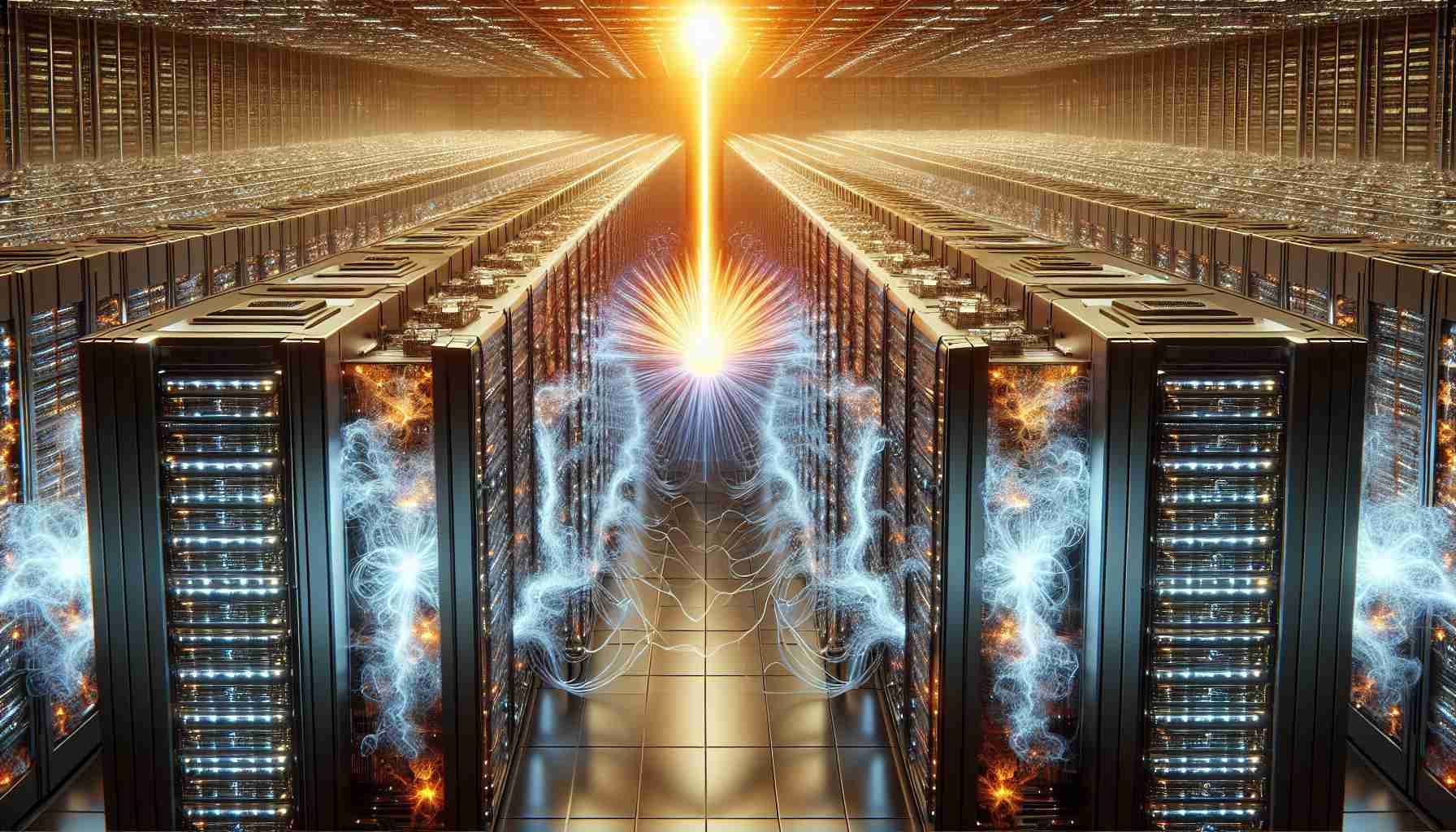 An ultra high-definition, realistic visualization displaying an unexpected source of energy powering massive data centers, specifically designed to facilitate Artificial Intelligence operations. These AI-powered mega hubs are industrious, filled with rows upon rows of high-performing servers, roaring with energy. This unexpected energy source could be atypical, like biofuel or kinetic energy captured from nature, elevating a sense of surprise and innovation. The image should also depict the integration of this energy source into the technical infrastructure, showcasing a seamless balance of nature and technology.