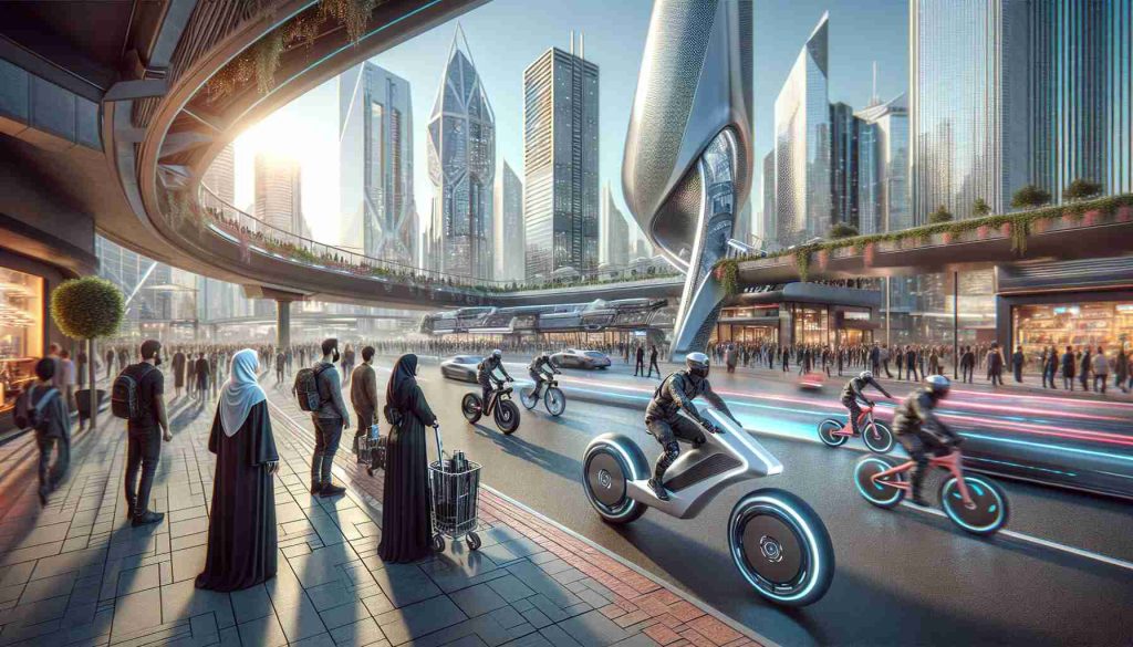 Create a highly detailed, realistic image showcasing the future of electric bikes in urban settings. The scene should include futuristic electric bikes with innovative designs, parked on the side of a bustling city street. Visible in the background should be a cityscape, with modern architecture and a diverse crowd of people going about their daily life. Among the crowd should be a Middle-Eastern woman and a Black man, both riding electric bikes, illustrating the growing popularity of this mode of transportation. The picture should evoke a sense of technology progression and sustainable urban lifestyle.