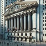 Realistic HD depiction of the exterior of the largest stock exchange in the world, with a balance of grandeur and structural detail. Include the intricate architectural elements of the stately building, laced with impressive, towering columns and rich, ornate motifs. The scene should be bustling, with people from diverse descents and genders moving in and out.