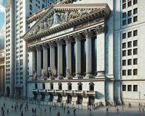 Realistic HD depiction of the exterior of the largest stock exchange in the world, with a balance of grandeur and structural detail. Include the intricate architectural elements of the stately building, laced with impressive, towering columns and rich, ornate motifs. The scene should be bustling, with people from diverse descents and genders moving in and out.