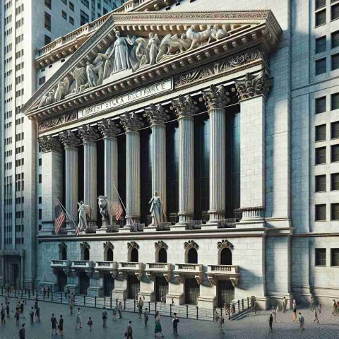 Realistic HD depiction of the exterior of the largest stock exchange in the world, with a balance of grandeur and structural detail. Include the intricate architectural elements of the stately building, laced with impressive, towering columns and rich, ornate motifs. The scene should be bustling, with people from diverse descents and genders moving in and out.