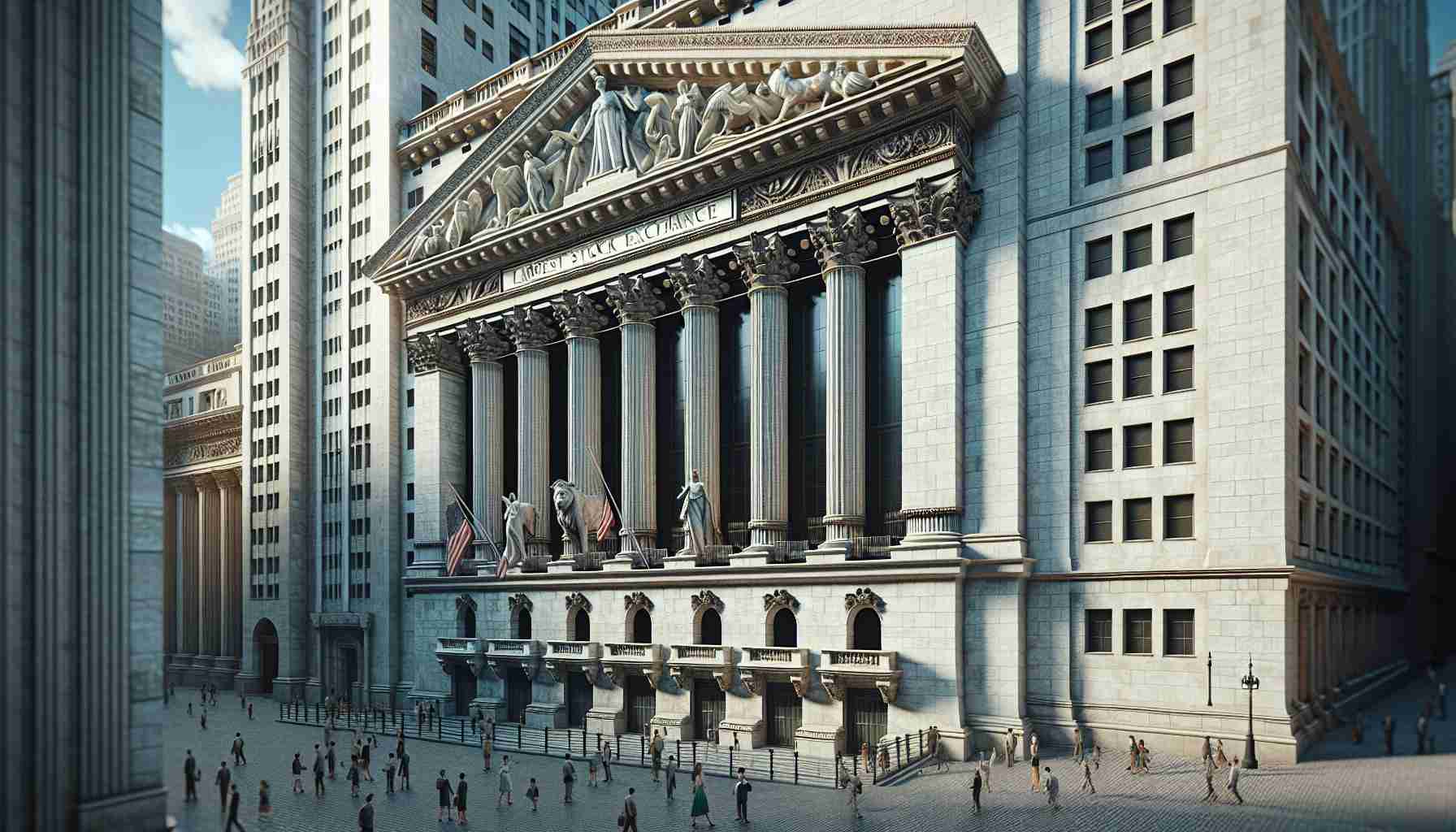 Realistic HD depiction of the exterior of the largest stock exchange in the world, with a balance of grandeur and structural detail. Include the intricate architectural elements of the stately building, laced with impressive, towering columns and rich, ornate motifs. The scene should be bustling, with people from diverse descents and genders moving in and out.