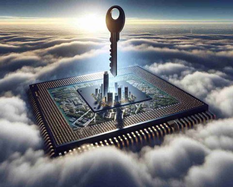 A realistic HD image representing a concept of an under-the-radar semiconductor giant being a proposed key to future wealth. This metaphorical concept can be represented by a large, towering semiconductor chip piercing through a dense layer of clouds to signify its under-the-radar nature. The high-tech chip is placed on a key, symbolizing its key role in future prosperity. The scene also includes a well-lit and pristine cityscape in the background, representing thriving urban life and prosperity.