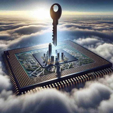 A realistic HD image representing a concept of an under-the-radar semiconductor giant being a proposed key to future wealth. This metaphorical concept can be represented by a large, towering semiconductor chip piercing through a dense layer of clouds to signify its under-the-radar nature. The high-tech chip is placed on a key, symbolizing its key role in future prosperity. The scene also includes a well-lit and pristine cityscape in the background, representing thriving urban life and prosperity.