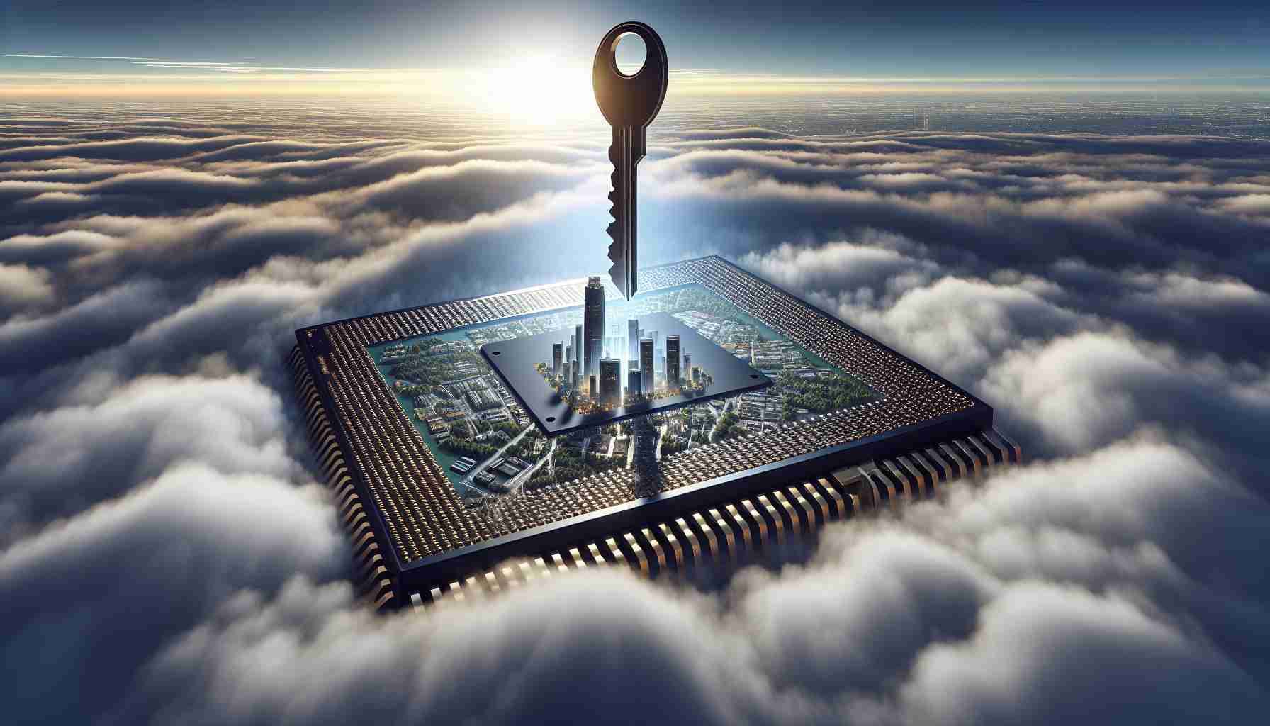 A realistic HD image representing a concept of an under-the-radar semiconductor giant being a proposed key to future wealth. This metaphorical concept can be represented by a large, towering semiconductor chip piercing through a dense layer of clouds to signify its under-the-radar nature. The high-tech chip is placed on a key, symbolizing its key role in future prosperity. The scene also includes a well-lit and pristine cityscape in the background, representing thriving urban life and prosperity.