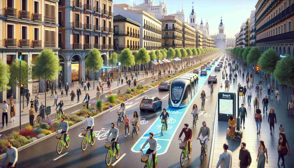 A hyper-realistic high-definition image capturing the essence of Madrid city embracing sustainable mobility. The composition places particular focus on innovative bike initiatives. The streets are bustling with people of a mix of descents, such as Caucasian, Hispanic, South Asian, and Middle-Eastern, engaged in eco-friendly activities. Bike lanes are displayed prominently filled with cyclists of diverse gender and age. Smart bike sharing stations are dotted throughout the scene, showcasing Madrid's forward-thinking approach. Typical city elements such as architectural landmarks and local shops are visible in the background, serving as a reminder of the city's rich cultural history.