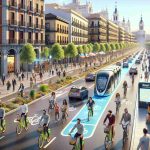 A hyper-realistic high-definition image capturing the essence of Madrid city embracing sustainable mobility. The composition places particular focus on innovative bike initiatives. The streets are bustling with people of a mix of descents, such as Caucasian, Hispanic, South Asian, and Middle-Eastern, engaged in eco-friendly activities. Bike lanes are displayed prominently filled with cyclists of diverse gender and age. Smart bike sharing stations are dotted throughout the scene, showcasing Madrid's forward-thinking approach. Typical city elements such as architectural landmarks and local shops are visible in the background, serving as a reminder of the city's rich cultural history.