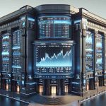 Realistic HD image of the exterior of a stock exchange building, with a digital screen displaying the trading status of multiple tech companies, including Nvidia. The architecture should be prominent and show the hustle and bustle of financial trading. Do not show any specific recognizable landmarks or signs.