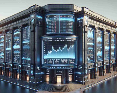 Realistic HD image of the exterior of a stock exchange building, with a digital screen displaying the trading status of multiple tech companies, including Nvidia. The architecture should be prominent and show the hustle and bustle of financial trading. Do not show any specific recognizable landmarks or signs.