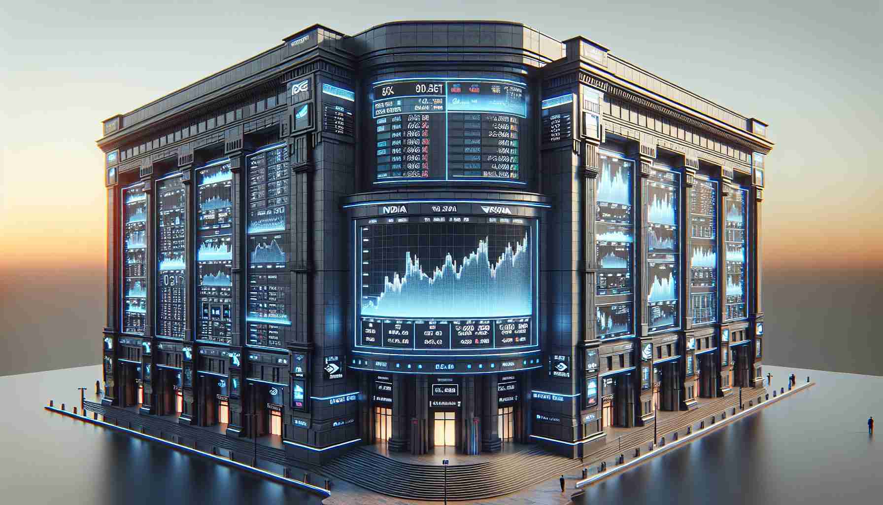 Realistic HD image of the exterior of a stock exchange building, with a digital screen displaying the trading status of multiple tech companies, including Nvidia. The architecture should be prominent and show the hustle and bustle of financial trading. Do not show any specific recognizable landmarks or signs.