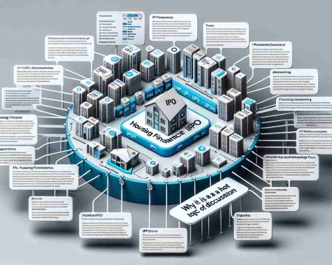 Realistic HD diagram detailing various aspects and important facts about a hypothetical housing finance IPO, with annotations explaining why it is a hot topic of discussion. This image does not depict specific companies or their logos, but rather illustrates generic information to aid understanding of IPO mechanisms and implications. The layout should be clean and organized, and data should be presented in both text and infographics.