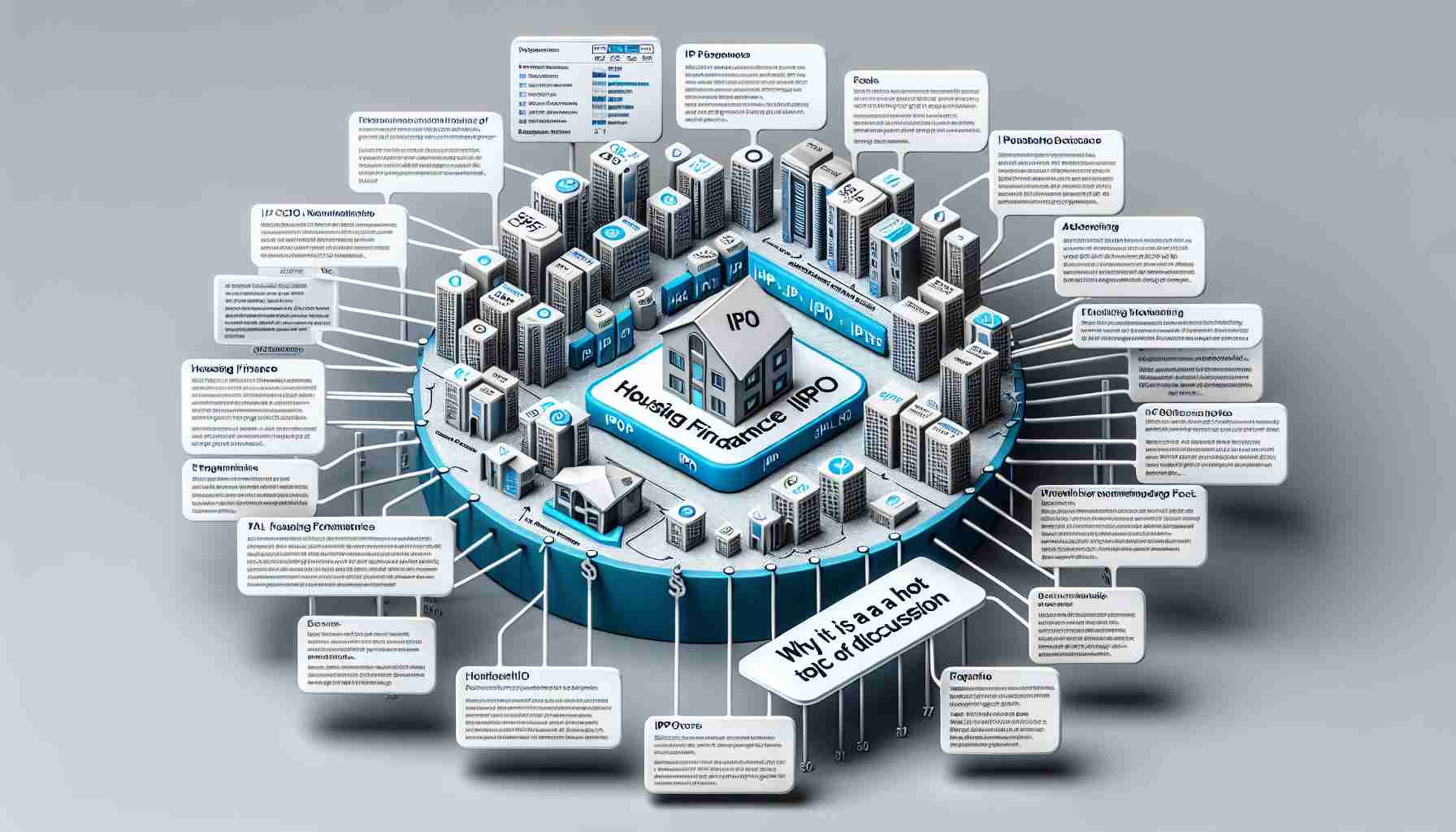 Realistic HD diagram detailing various aspects and important facts about a hypothetical housing finance IPO, with annotations explaining why it is a hot topic of discussion. This image does not depict specific companies or their logos, but rather illustrates generic information to aid understanding of IPO mechanisms and implications. The layout should be clean and organized, and data should be presented in both text and infographics.