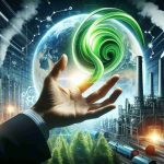 A high-definition, realistic image symbolizing the concept of green hydrogen energy being just out of reach. Depict a hand, representing humanity, stretching out towards a symbol for green hydrogen - perhaps embodied as a swirling bright green energy sphere - which is tantalizingly just out of the individual's grasp. Around them, the background could be a mixture of industrial energy-producing elements interspersed with natural elements like trees and waterfalls, signifying the balance between technological progress and environmental conservation.