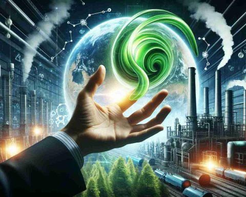 A high-definition, realistic image symbolizing the concept of green hydrogen energy being just out of reach. Depict a hand, representing humanity, stretching out towards a symbol for green hydrogen - perhaps embodied as a swirling bright green energy sphere - which is tantalizingly just out of the individual's grasp. Around them, the background could be a mixture of industrial energy-producing elements interspersed with natural elements like trees and waterfalls, signifying the balance between technological progress and environmental conservation.