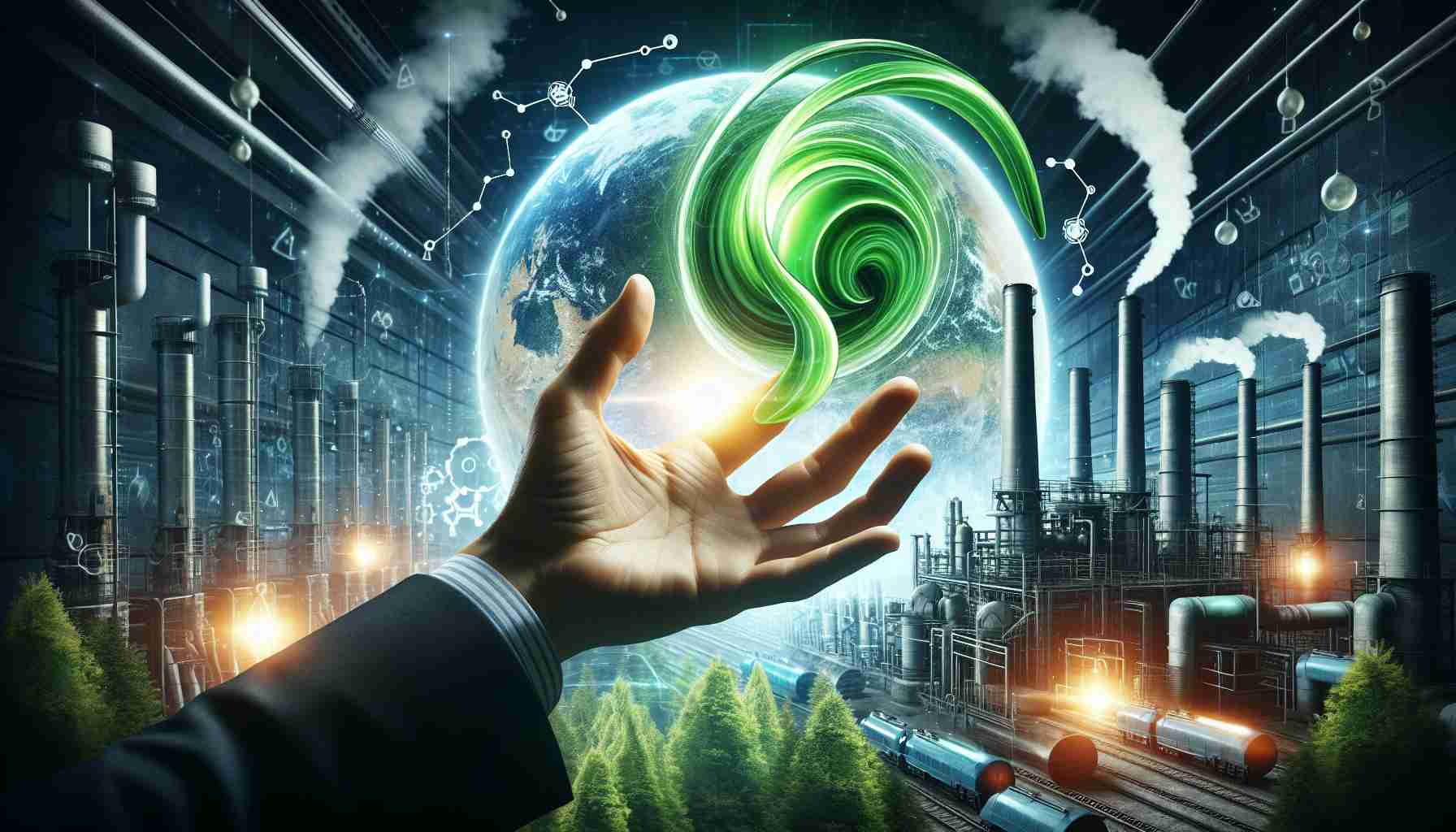 A high-definition, realistic image symbolizing the concept of green hydrogen energy being just out of reach. Depict a hand, representing humanity, stretching out towards a symbol for green hydrogen - perhaps embodied as a swirling bright green energy sphere - which is tantalizingly just out of the individual's grasp. Around them, the background could be a mixture of industrial energy-producing elements interspersed with natural elements like trees and waterfalls, signifying the balance between technological progress and environmental conservation.