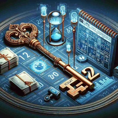 Generate a realistic HD image that visualizes the concept of 'Unlocking the Secrets of the 2024 Initial Public Offering (IPO) Calendar'. It could include elements like a grand ornate key implying unlocking, a calendar marked with important dates or times, and perhaps a visual representation of stock market data or an illustration of a stack of documents labelled 'IPO 2024'. Imagery suggesting time-sensitive knowledge, such as an hourglass for 'now', could also be included.