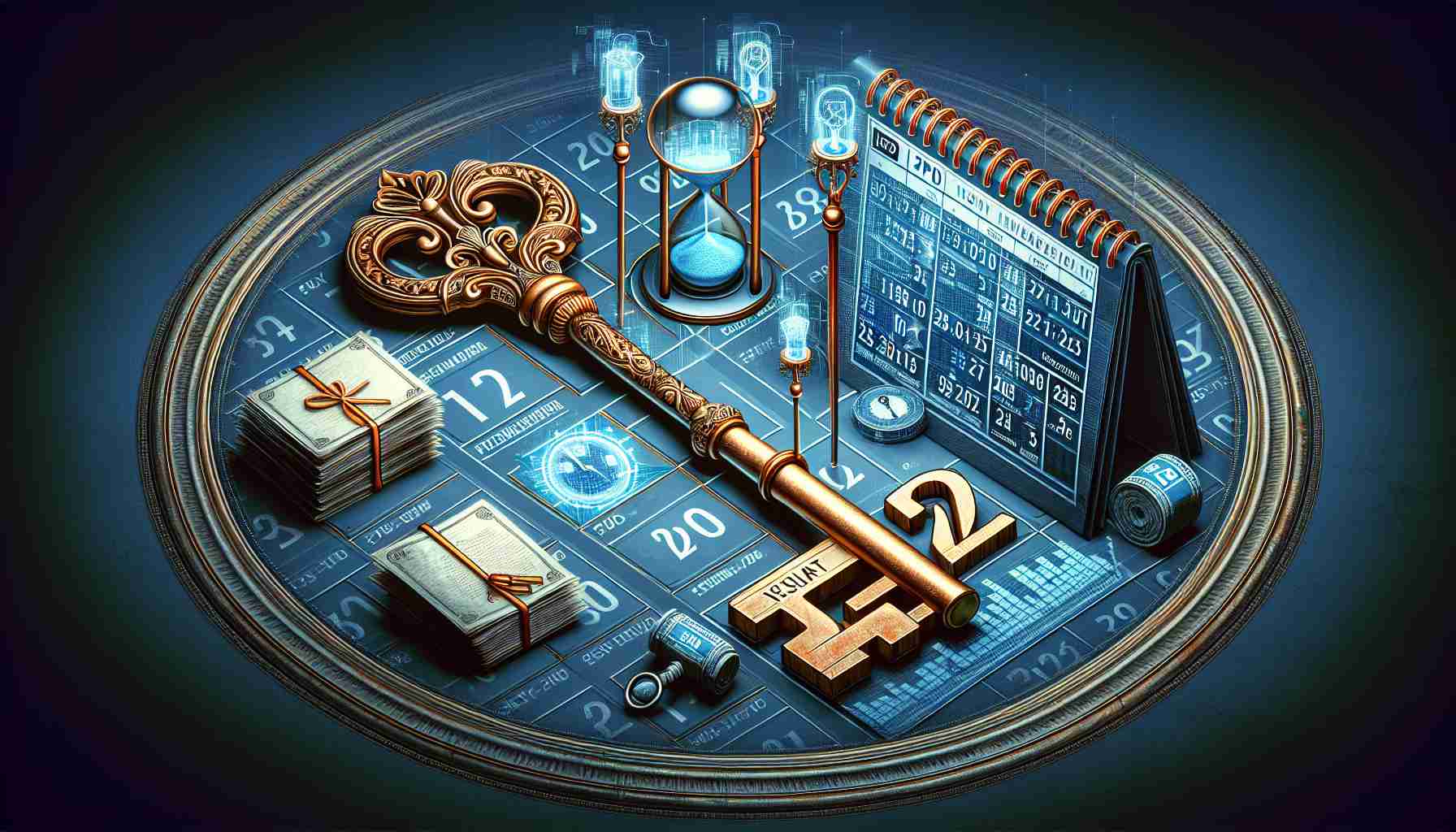 Generate a realistic HD image that visualizes the concept of 'Unlocking the Secrets of the 2024 Initial Public Offering (IPO) Calendar'. It could include elements like a grand ornate key implying unlocking, a calendar marked with important dates or times, and perhaps a visual representation of stock market data or an illustration of a stack of documents labelled 'IPO 2024'. Imagery suggesting time-sensitive knowledge, such as an hourglass for 'now', could also be included.