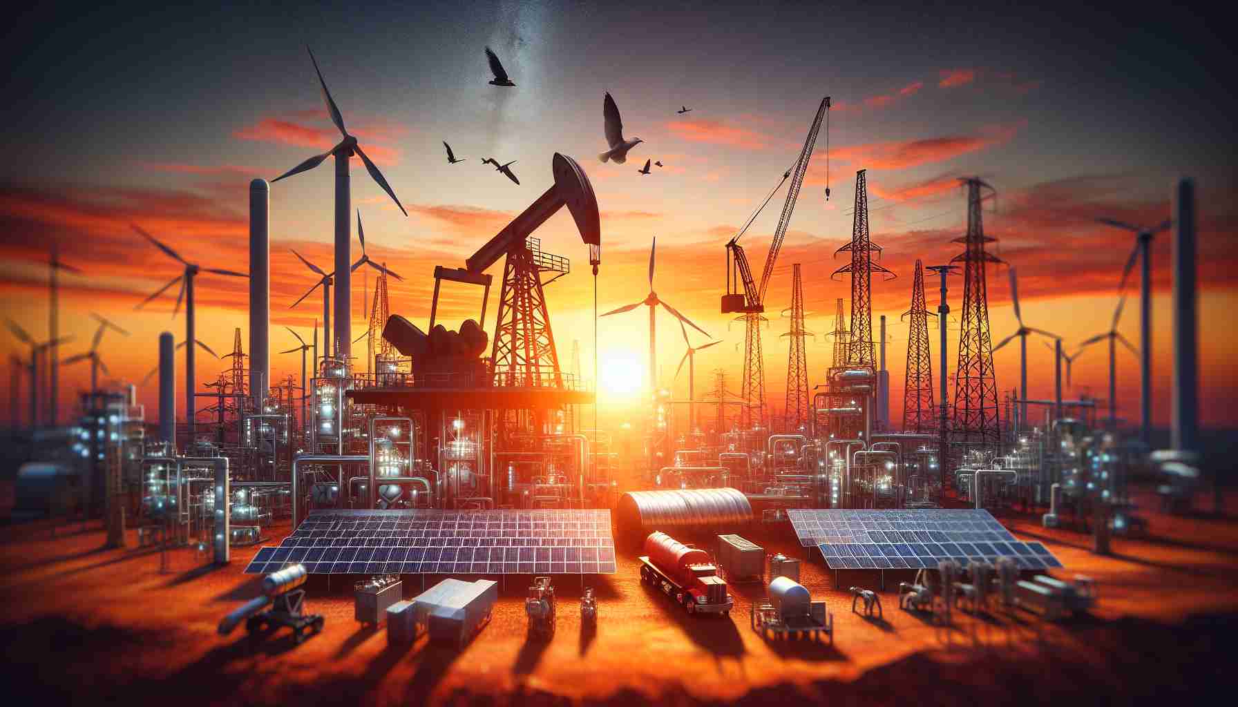 Generate a realistic HD photo that symbolizes the end of an era for a significant player in the energy sector. Include elements associated with the energy industry such as an oil rigger, wind turbines, solar panels, a power grid, etc. Perhaps show a sunset to signify the 'end of an era'. Please abstain from using specific company logos or readily identifiable landmarks to ensure neutrality.