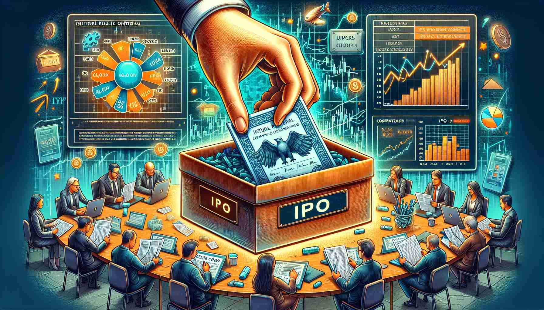 Detailed and vivid illustration of the concept of 'Initial Public Offering (IPO)', showing a hand placing a company's share certificate in a stock exchange box, acting as an illustration of the company going public. The scene also features a diverse group of potential investors studying company data, depicting the importance of IPO for them. Text in the image reads 'What Does IPO Stand For and Why Should You Care?'.