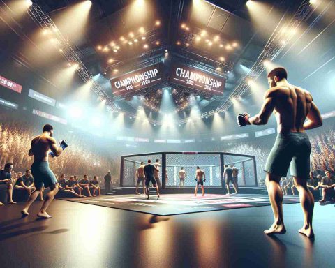 A realistic, high-definition image depicting the anticipation leading up to a major mixed martial arts event, referred to here as Championship 308. The scene is full of energy and tension as fighters prepare for their matches, showcasing their physical prowess and determination. Elements to possibly include could be an official-looking venue filled with expectant fans, promotional banners and lighting effects, as well as close-ups of athletes warming up, perhaps practicing punches or stretches.