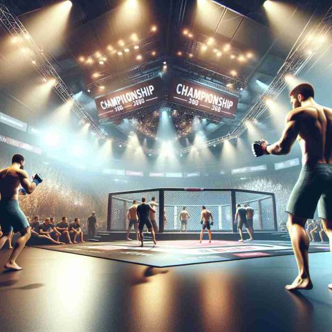 A realistic, high-definition image depicting the anticipation leading up to a major mixed martial arts event, referred to here as Championship 308. The scene is full of energy and tension as fighters prepare for their matches, showcasing their physical prowess and determination. Elements to possibly include could be an official-looking venue filled with expectant fans, promotional banners and lighting effects, as well as close-ups of athletes warming up, perhaps practicing punches or stretches.