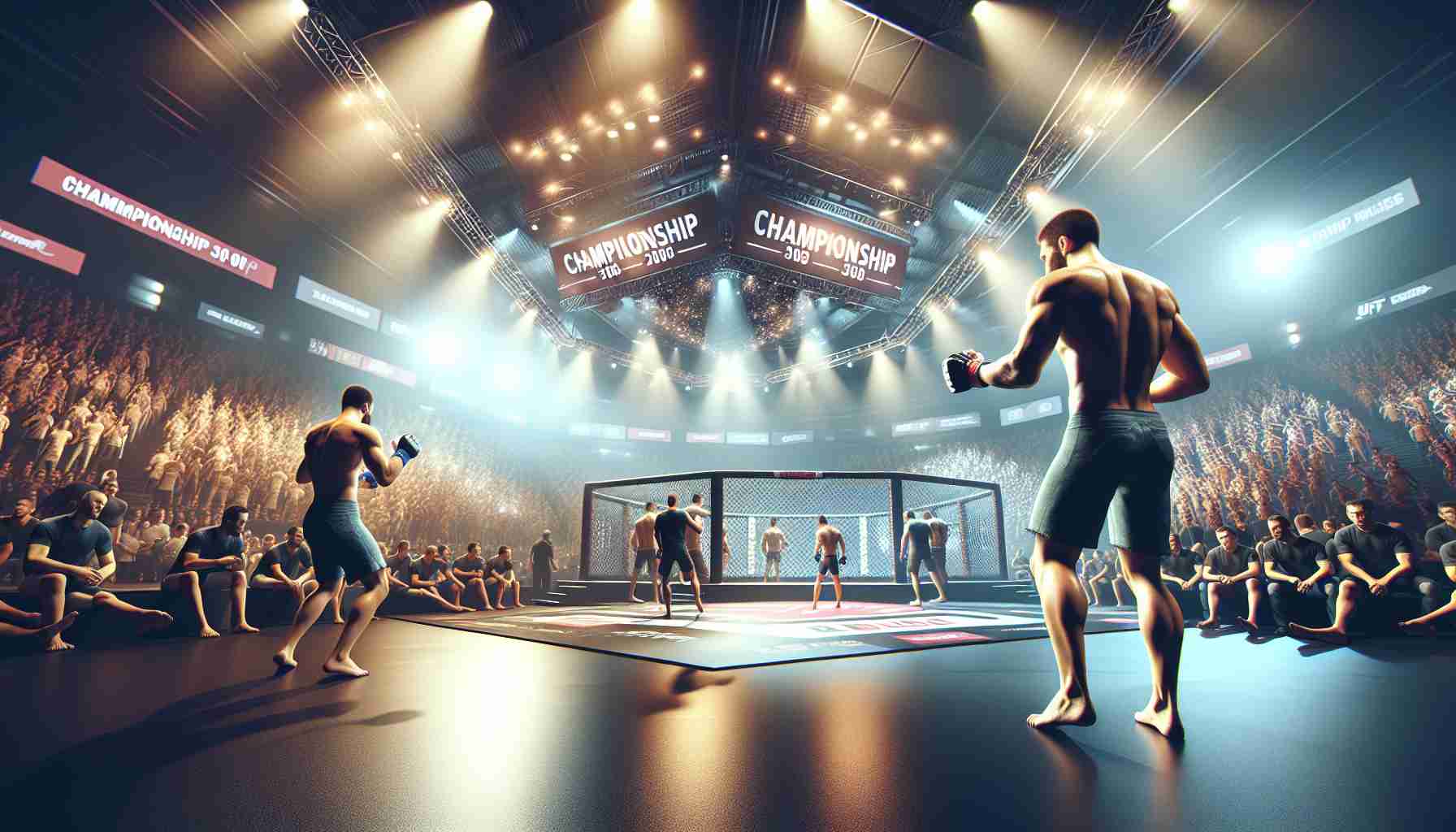 A realistic, high-definition image depicting the anticipation leading up to a major mixed martial arts event, referred to here as Championship 308. The scene is full of energy and tension as fighters prepare for their matches, showcasing their physical prowess and determination. Elements to possibly include could be an official-looking venue filled with expectant fans, promotional banners and lighting effects, as well as close-ups of athletes warming up, perhaps practicing punches or stretches.