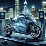 A detailed, high-definition illustration capturing the future of electric two-wheelers. The image should feature a sleek, modernized electric motorbike displaying advanced futuristic features such as LED touchscreens, solar power panels, and sustainable materials. The setting should be an urban landscape with clean, efficient electric charging stations and sparkline night city lights in the backdrop, emphasizing the innovative and eco-friendly future of transportation.