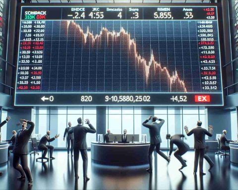 A high-definition, realistic image of a stock market scene. The focus should be on a large, electronic stock market billboard displaying a significant drop in share price, symbolising a company's stumbling debut. Brokers and traders visibly react with surprise and disappointment, providing an image of suspense and unexpected outcomes in the stock market. Please avoid specific company logos.